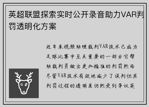 英超联盟探索实时公开录音助力VAR判罚透明化方案 英超联盟探索实时公开录音助力VAR判罚透明化方案
