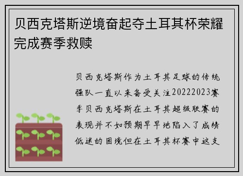 贝西克塔斯逆境奋起夺土耳其杯荣耀完成赛季救赎 贝西克塔斯逆境奋起夺土耳其杯荣耀完成赛季救赎